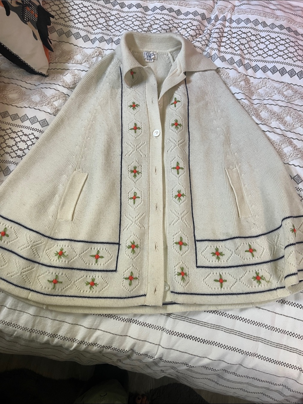 Cream Knit Button-Front Cape with Embroidered Floral Trim